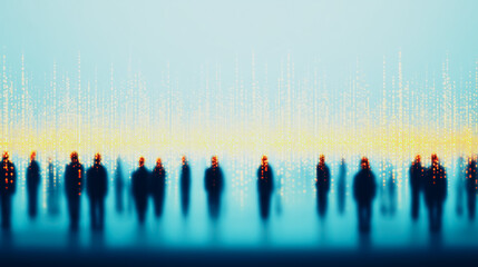 Naklejka premium Abstract Crowd Silhouette: A blurred, artistic depiction of a multitude of individuals, creating a sense of anonymity and collective identity, all standing together as a group. 