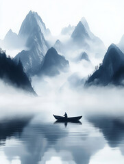 Chinese style calm lake and a boat ink painting