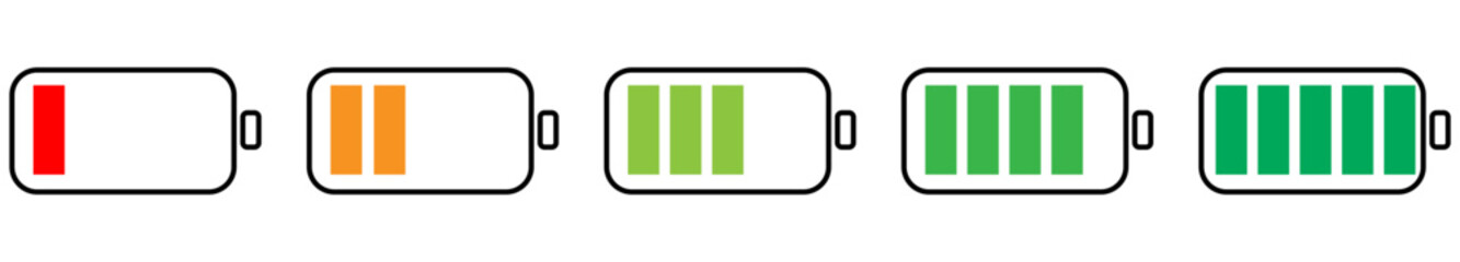 Battery level icon set. Charge level indicator collection with low, medium, full and charging symbol for app and UI. Transparent PNG and vector illustration.