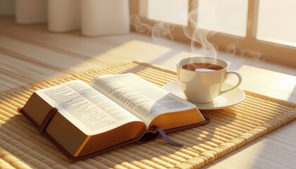 Morning Peace with Open Religious Book: A religious book placed on a mat beside a cup of tea, gently lit by a lamp or sunrise, evoking reflection and tranquility.
