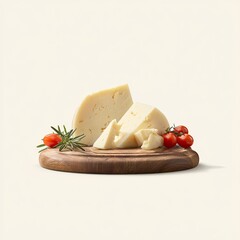 Sliced cheese on wooden board with cherry tomatoes and rosemary