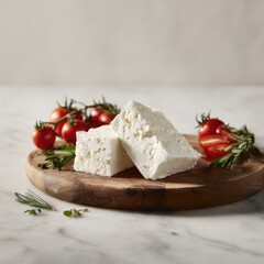 Two blocks of white cheese on a wooden board, alongside cherry tomatoes and rosemary sprigs, set on a marble surface