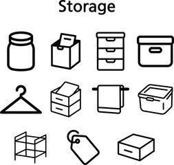 Black and White Storage and Organization Icon Set in Line Style