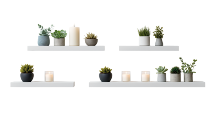 Minimalist floating shelves with small green succulents and candles, aesthetic home decor, isolated PNG on white