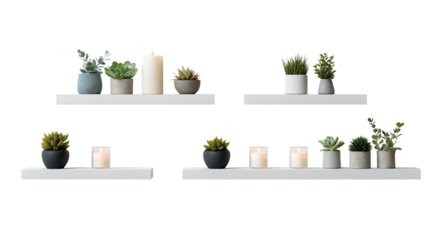 Minimalist floating shelves with small green succulents and candles, aesthetic home decor, isolated PNG on white