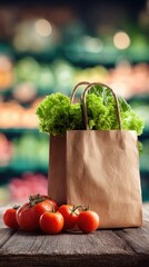 Brown paper grocery bags filled with fresh produce, displayed on a wooden table in front of a blurred supermarket aisle
