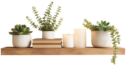 Minimalist floating shelves with small green succulents and candles, aesthetic home decor, isolated PNG on white
