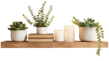 Minimalist floating shelves with small green succulents and candles, aesthetic home decor, isolated PNG on white