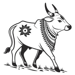 Fototapeta premium Artistic black and white cow sketch featuring decorative traditional patterns and cultural ornaments.
