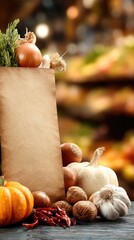 A paper grocery bag filled with assorted vegetables and fruits sits on a wooden surface in a market setting.  Rustic paper bag, vibrant fall produce, warm lighting