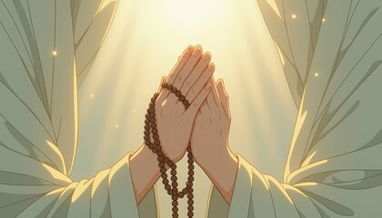 Spiritual Hands Holding Prayer Beads: Close-up of hands gently holding rosary or prayer beads with soft overhead lighting and a neutral background.
