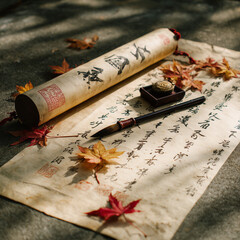 An ink brush and aged parchment with scattered maple leaves, evoking scholarly nostalgia under soft lantern light.