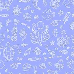 Seamless pattern with hand drawn marine animals including octopus, turtle, seahorse, jellyfish, squid, and fish on lilac background.