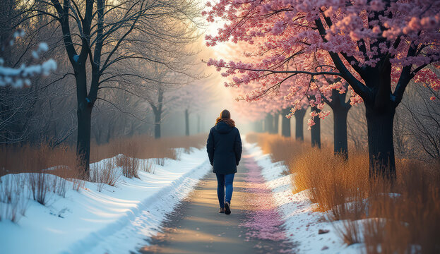 Seasonal Path Walk — Winter to Spring: A person walking on a divided path, with snow on one side and spring flowers on the other, symbolizing seasonal change and balance in nature.