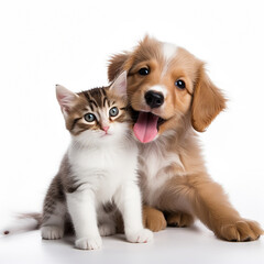 Obraz premium Cute Puppy and Kitten Friends Together Isolated on White