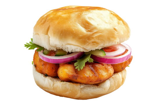 Crispy chicken sandwich Vada pav with red onions, herbs, and soft bun isolated on a white transparent background, concept of fast food meal