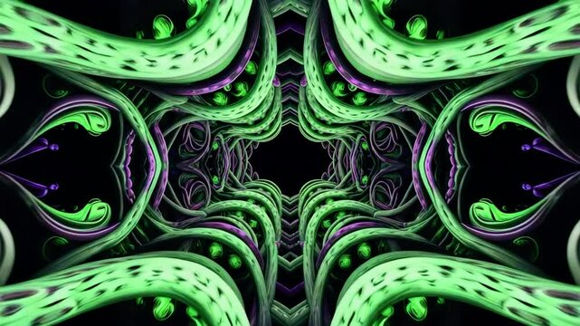 Mesmerizing green and purple patterns intertwine in a mystical abstract visual journey