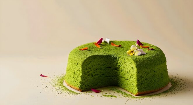 A vibrant green cake with a slice missing, adorned with small flowers and petals on a beige background.