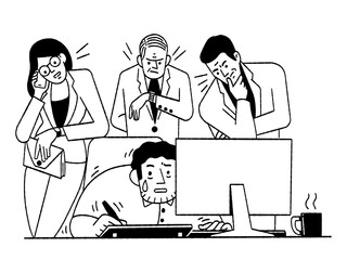 Male office worker is working hard with stressed emotion to finish his job while other waiting cause of deadline coming.  Cute character vector illustration and funny cartoon. Outline, thin line art, 