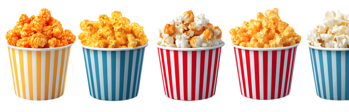 Isolated Transparent Background Popcorn Buckets with Snack Treats