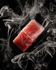 Fresh tuna sashimi, sliced, on a dark tray, with smoke