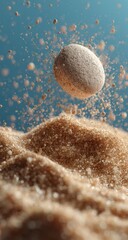 Light beige sphere suspended in mid-air, erupting from a brown granular substance