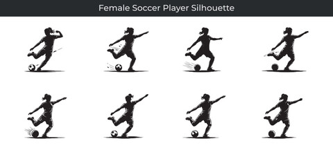 Obraz premium Dynamic black silhouette illustrations of female soccer players kicking the ball across the field