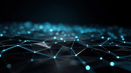 Abstract technology background with glowing blue dots connected by lines, representing data networks and digital connections.