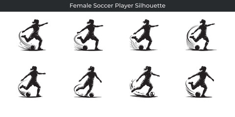 Collection of dynamic female soccer player silhouettes in action kicking the ball