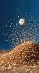 A pill levitates above a mound of brown sugar, with a spray of particles