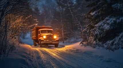 Vintage truck on a snowy winter road at night.