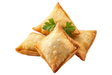 Golden brown crispy samosas isolated on white transparent background, traditional Indian snack concept with fried texture