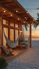 Wooden beach house at sunset with hammocks