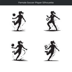 Dynamic silhouette illustrations depicting a female soccer player in action with soccer ball