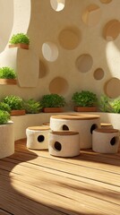A light-filled, airy interior space featuring a circular, cream-colored wall with many round holes.  Wooden furniture and potted herbs are arranged around a central table