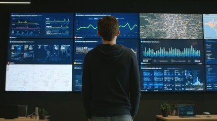Diverse operations team member analyzing data visualization tools and metrics on digital dashboard, space on lower third