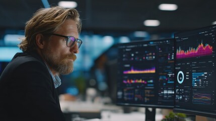 Diverse operations team member analyzing data visualization tools and metrics on digital dashboard, space on lower third