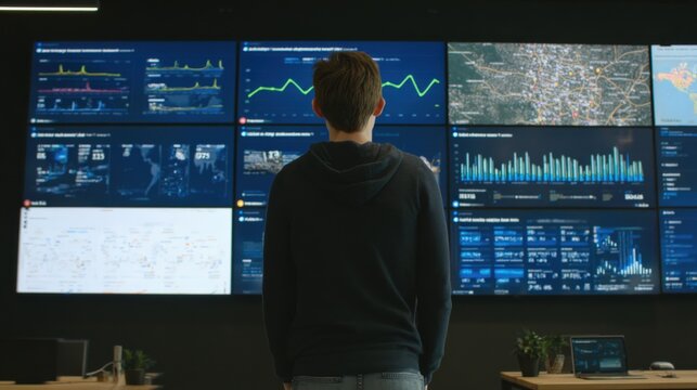 Diverse operations team member analyzing data visualization tools and metrics on digital dashboard, space on lower third