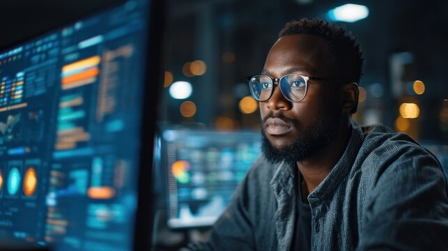 Diverse operations team member analyzing data visualization tools and metrics on digital dashboard, space on lower third