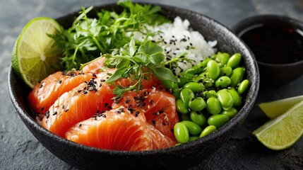 Fresh Salmon Poke Bowl with Rice, Edamame, Lime, and Greens on Dark Background. Healthy Asian Food Dish.