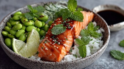 Fresh salmon rice bowl with green edamame beans, zesty lime wedge, and fragrant mint garnish, a vibrant and healthy meal close-up.