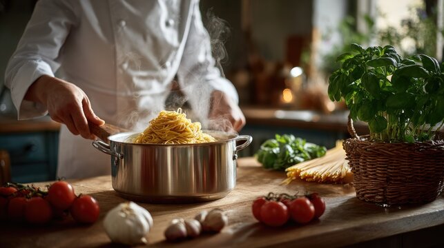 Italian chef in a white coat cooking pasta in a rustic kitchen setting