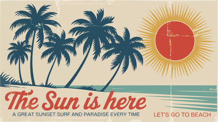 Tropical beach scene with navy palm trees and red sun