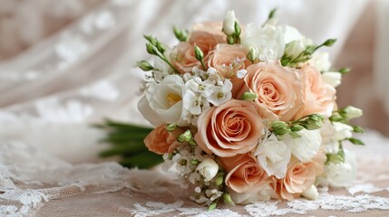 Elegant wedding bouquet with peach roses and white flowers on lace fabric, romantic bridal floral arrangement for special occasions.