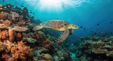 Fototapeta premium Sea Turtle Gliding Through Coral Reef with Sunbeams Penetrating the Turquoise Waters in Tropical Ocean