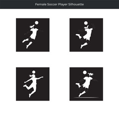 Dynamic black and white silhouettes depicting a female soccer player heading the ball in action