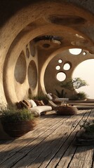 Beige, curved walls enclose a sun-drenched outdoor lounge area with wooden floor and circular openings