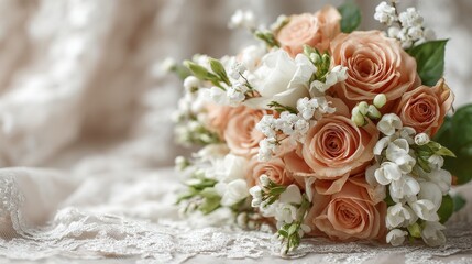 Elegant wedding bouquet with beautiful peach roses and delicate white flowers resting on vintage lace fabric.