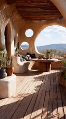 Sun-drenched, earth-toned patio with arches and views