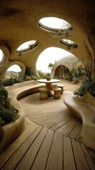 A sun-drenched, earthy interior space,  with  organic curves,  and  skylights.  A circular  dining area is centrally located